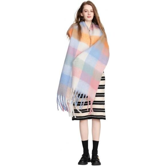 Women's Cashmere Big Coloured Checked Scarf Winter Warm Wrap Scarf - Picture 5 of 7